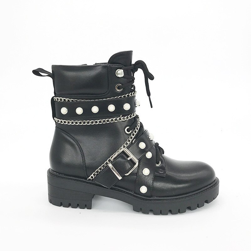 Kvinner punk motorsykkel støvler metall kjede dekorasjon plattform firkantet hæl studded zip trend kule biker sko kvinne