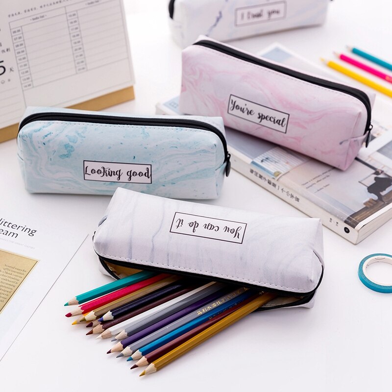 Leuke Etui Marmer Patroon Lederen Pen Tas Potlood Doos Potlood Tas Briefpapier Pouch Office School Supply