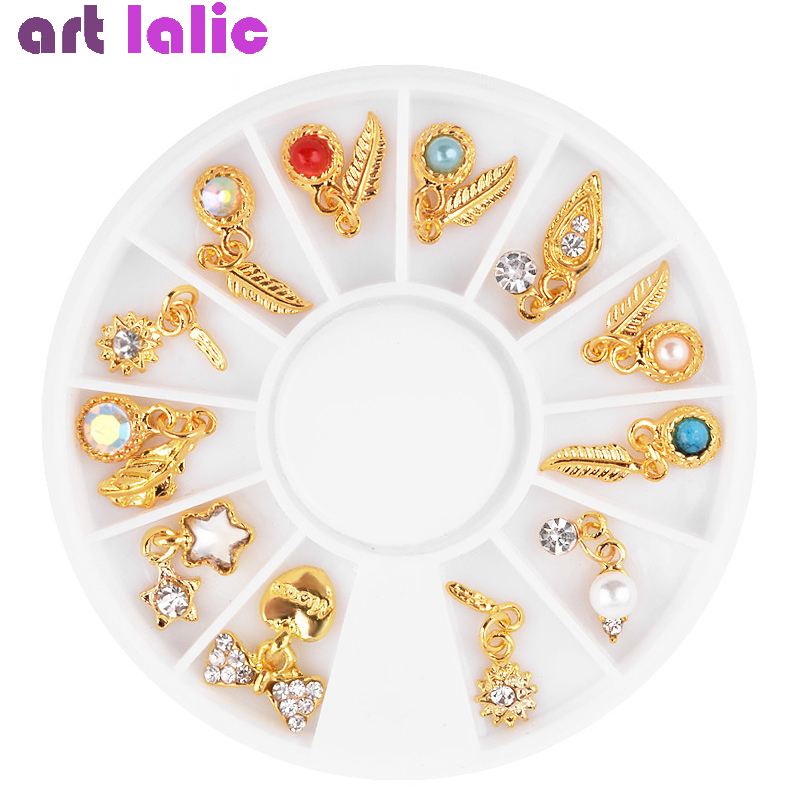 12 Pcs Nail Art Metalen Veer Charme Gouden Hanger Kwastje Strass Decoratie 3D Sieraden Diamant Manicure In Wiel Accessoires
