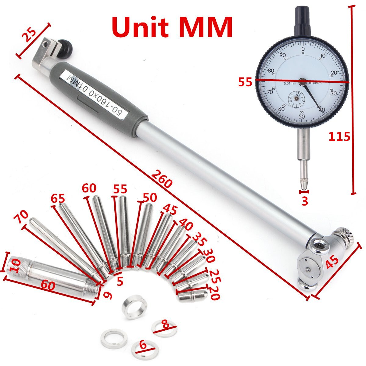 Indicator Cylinder Bore Gauge Dial Measuring Micrometer Metric 50mm-160mm 0.01mm with Box