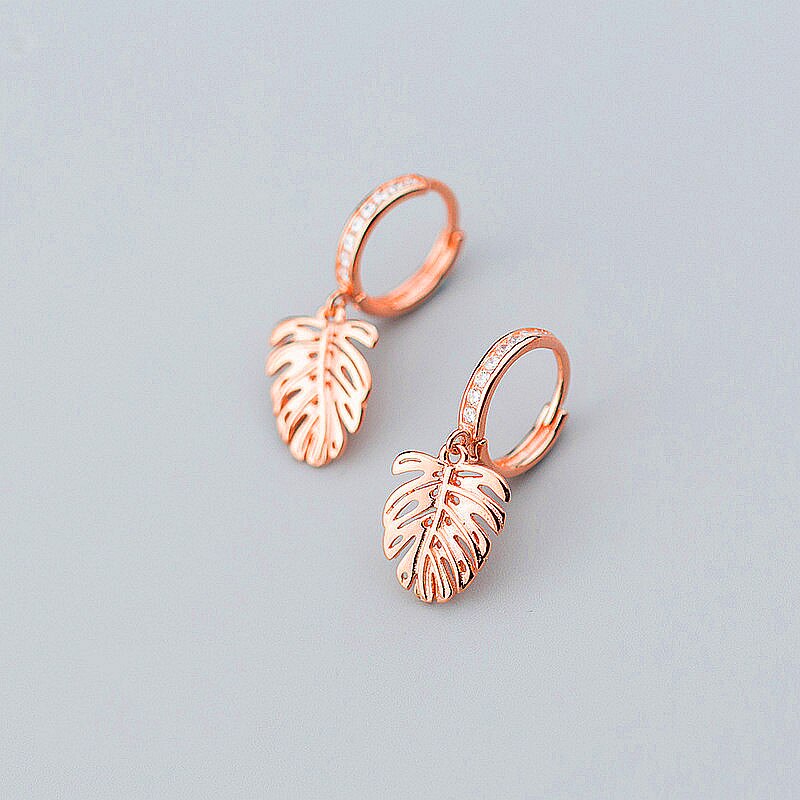 INZATT Trendy Monstera Leaf Tropical Plant Zircon Hoop Earrings Charm 925 Sterling Silver Fine Jewelry Two Colors For Women: Rose Gold