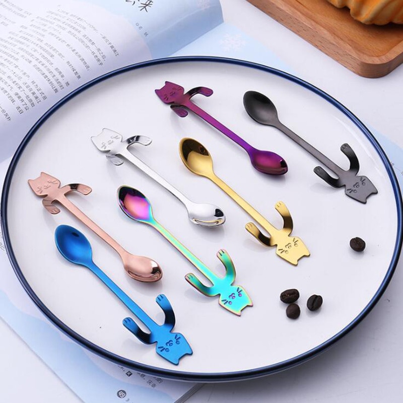 Mini Coffee Spoon Tea Spoon 304 Stainless Steel Kitty Cat Gold Teaspoon Tableware Dessert Long Spoon Handle Dinnerware