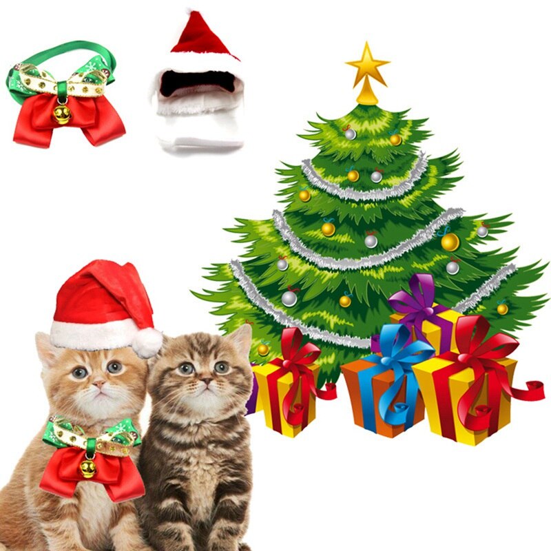 Leuke Pet Kerst Kostuum Set Santa Hoed En Strik Kraag Voor Katten Kitten Puppy: Default Title