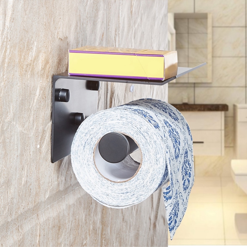 Toiletpapirholder med hylde vægmonteret mobiltelefon papirhåndklædeholder dekorativt badeværelse rullepapirholder sort