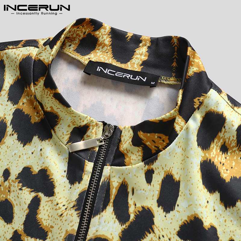 Men Bodysuits Leopard Print Underwear Turtleneck Short Sleeve Zipper Sexy Rompers Skinny Cozy Men Bodysuit Pajamas S-5XL INCERUN