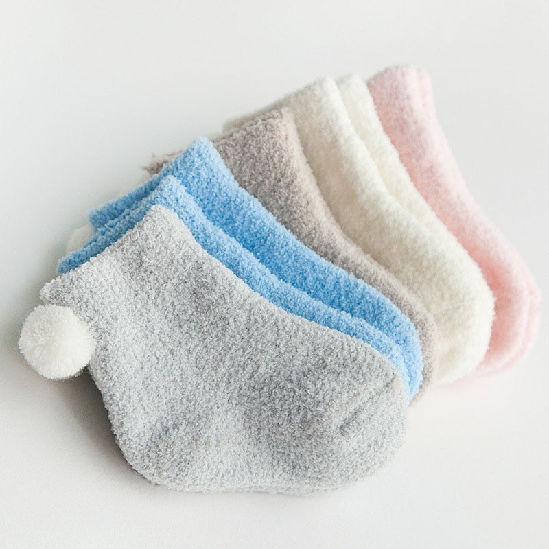 3 paire/lot hiver -né bébé chaussettes corail polaire bébé garçon fille chaussettes avec pompon couleur unie infantile chaussettes