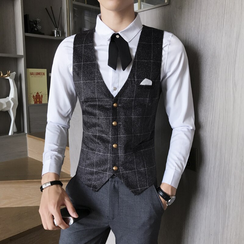 Plaid Suit Dress Vest For Men Casual Slim Fit Waistcoat Mens Formal Business Wedding Tuxedo Gilet Homme Chalecos Para Hombre