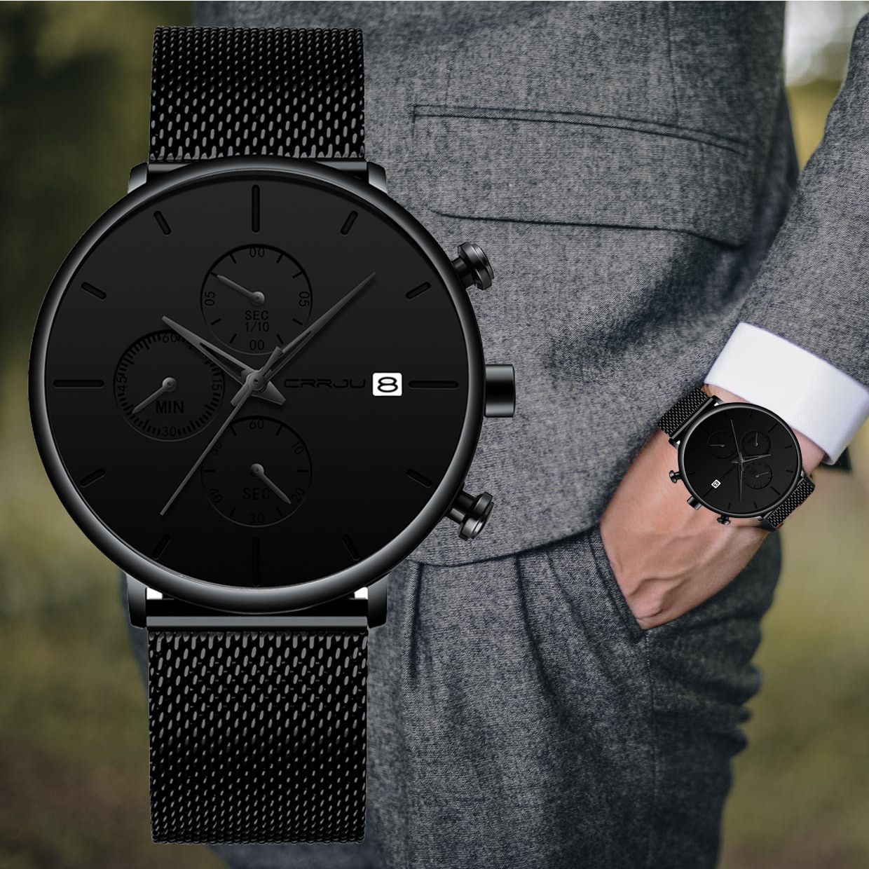 Luxe Crrju Mannen Horloge Minimalistische Multifunctionele Chronograaf Waterdicht Mesh Horloge Met Datumweergave
