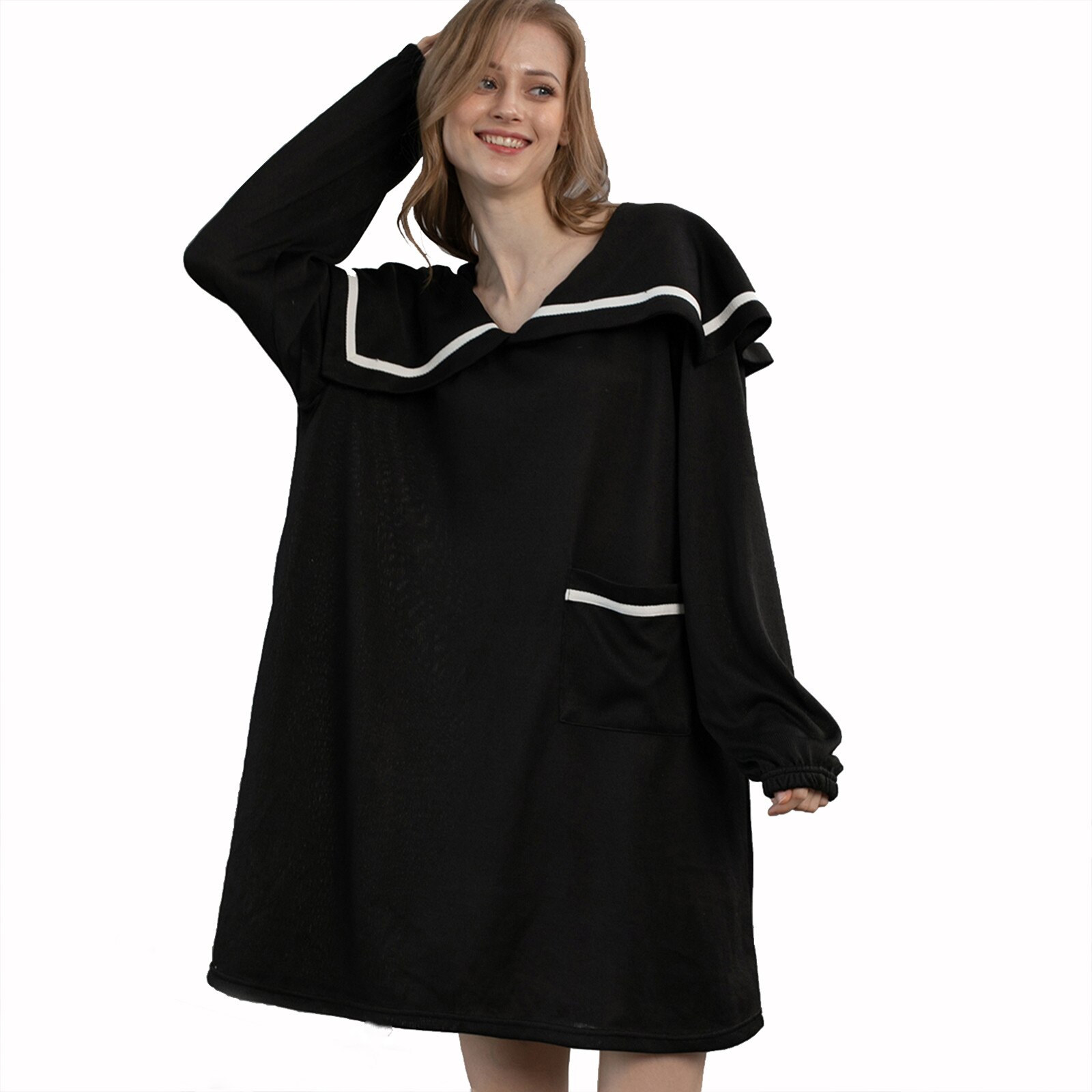 Women Sleepwear Loose Nightdress V-neck Solid Color Long-sleeved Soft Casual Homewear Nightwear mujer invierno: M