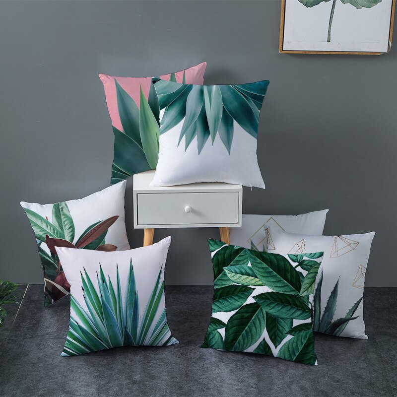 Kids Tropische Planten Palmblad Groene Bladeren Monstera Kussenhoezen Hibiscus Bloem Kussenhoes Decor Beige Linnen Kussensloop