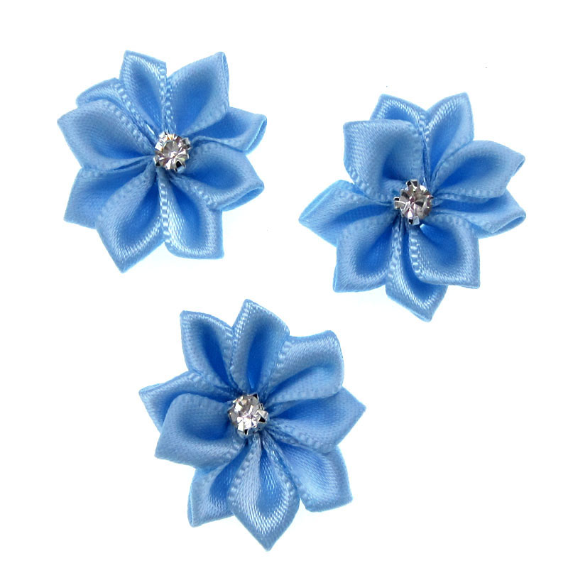 40Pcs Blue Small Satin Flowers Fabric Rhinestone Flowers Appliques Sewing Decoration Wedding Garment 2.8cm