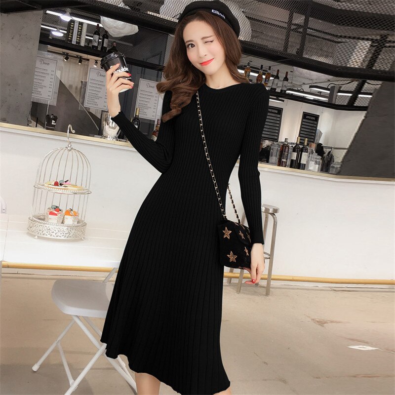 Women Spring Autumn knitted Dress simple Slim Female render Dress Temperament Long sleeve long Dresses QZ022: black