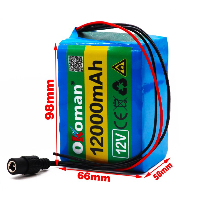 Okoman 12V 12Ah 18650 lithium battery 12.6V 12000mAh rechargeable battery with BMS for 75 W LED xenon lamp