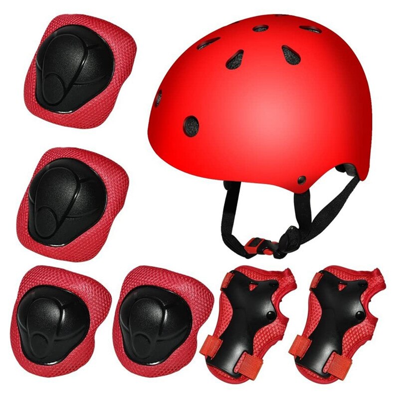 Casco de seguridad para niños, conjuntos de rodilleras para ciclismo, patines y rodilleras, Protector de 7 piezas para niños y niñas, deportes al aire libre: Rojo