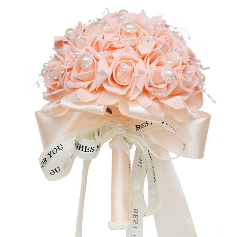 Fleur Rose PE Bouquet demoiselle d'honneur tenant des fleurs mariée ruban De soie Bouquets De Mariage mousse Rose avec perle fête De Mariage W205: shell pink