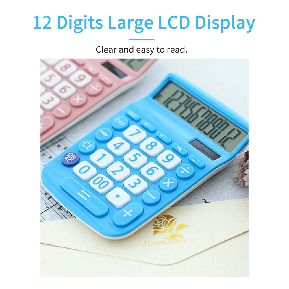 Portable Solar Calculator 12 Digits Large LCD Display Solar Energy &amp; Button Battery Dual Power Supply Study Tool