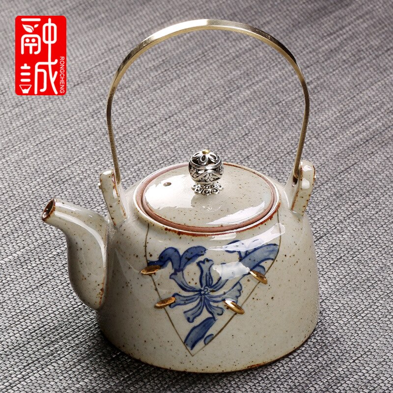 Vintage Tea Loop-handled Teapot Ceramic Retro Tea Making Device Household Copper Handles Single Teapot Tea Kettle Japanese Style: Antique Pottery  Teapot  round Beam Pot Ji CI