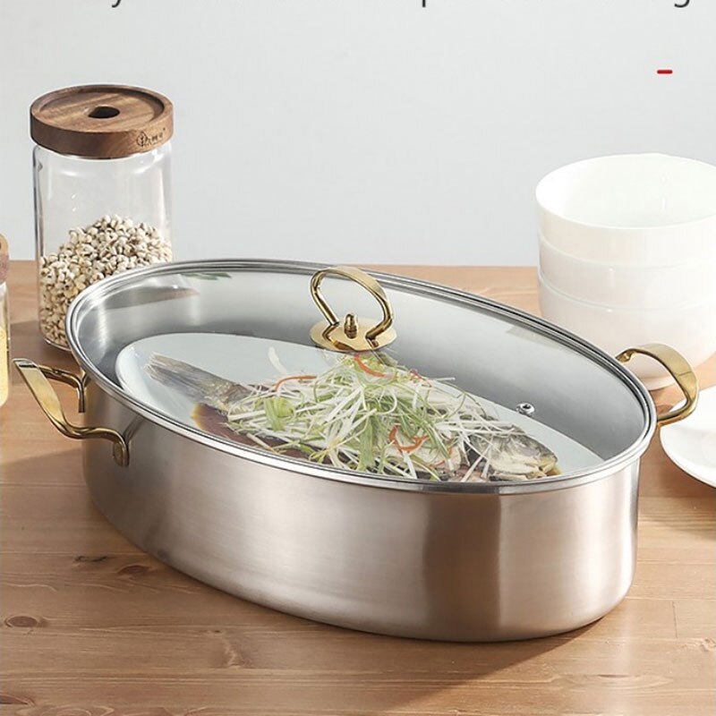 Stainless Steel Fish Steamer Multi-purpose Oval Roasting Cookware Thickened Steamed Fish Pot Glass Lid Steaming Pot Cookware