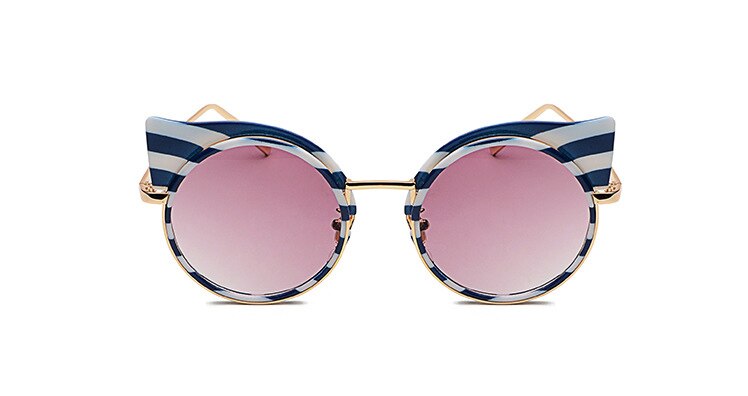 Emosnia Stripe Cat eye Sunglass Round Brands Sunglasses Women Zebra Metal Frame Vintage Oculos De Sol: C2 Blue Stripe