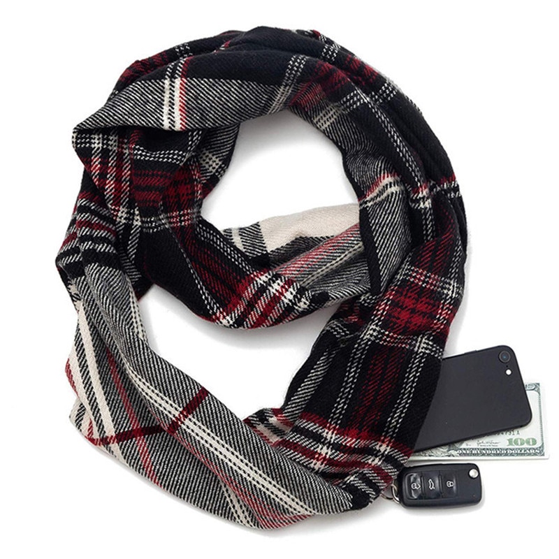 foulard à carreaux en sergé avec poche Convertible voyage foulard de tête pour femme châle caché poche à glissière infini voyage hiver écharpes
