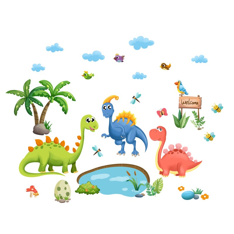 [shijuekongjian] dinosaurier djur väggdekal diy tecknade fåglar träd väggdekaler för barnrum baby sovrum barnkammare dekoration