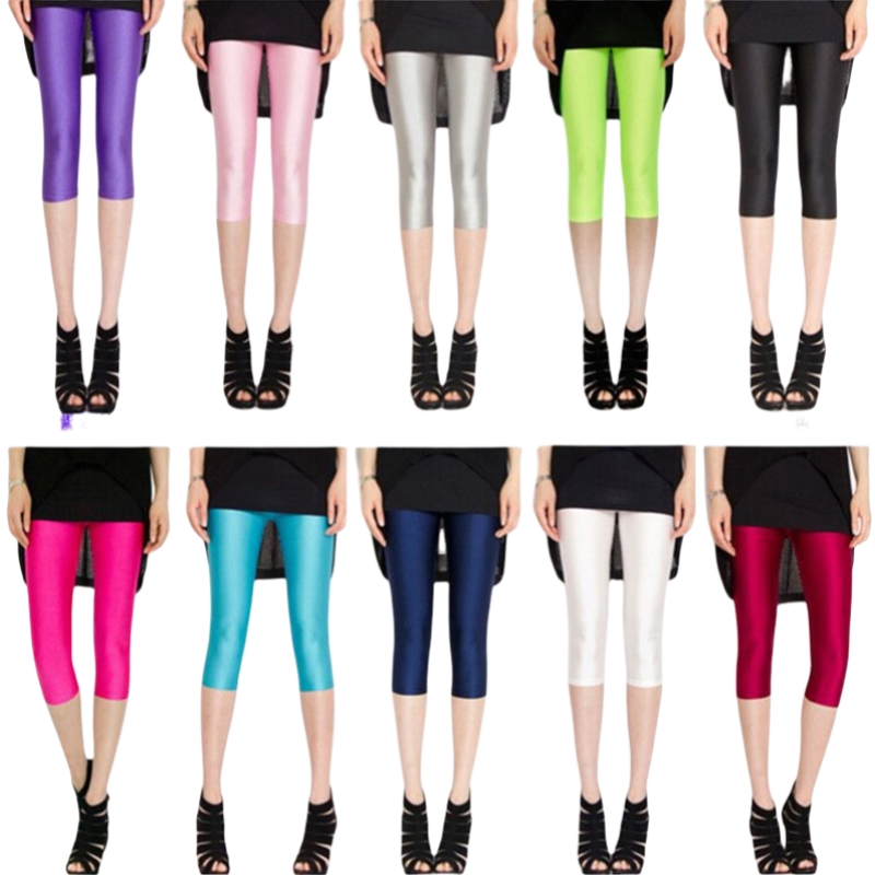 Dam sommar fluorescerande färgade smala capri-leggings glansiga stretchiga strumpbyxor glansiga ogenomskinliga neonleggings för flickor 50-80kg vikt