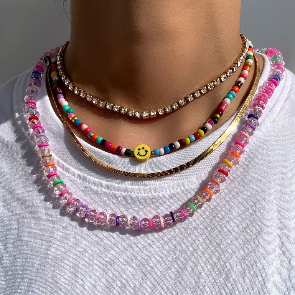 Multilayer Smiley Face Color Seed Beaded Necklaces For Women Handmade Fruit Heart Pearl String Beads Choker Summer Beach Jewelry