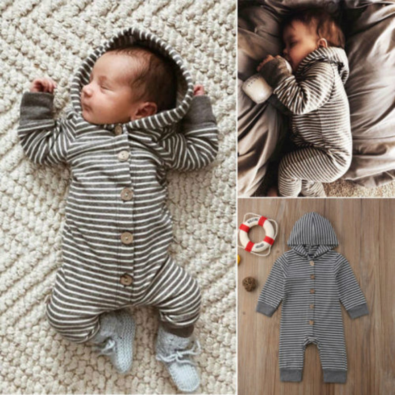 pudcoco Newborn Baby Boys Girls Unisex Autumn Solid+Striped Rompers Baby Kids Cotton Cute Clothes Romper Hooded Jumpsuit Outfits