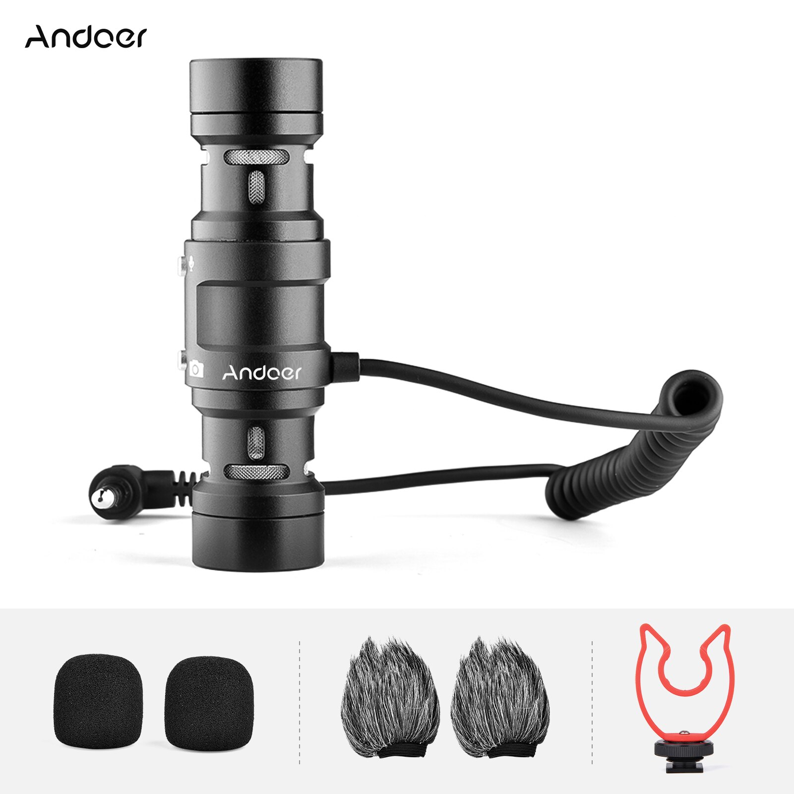 Andoer MIC11 Mini Single/Double Directional Recording Microphone Mic 3.5mm Plug-and-Play with Shock Mount Wind Screen for phone