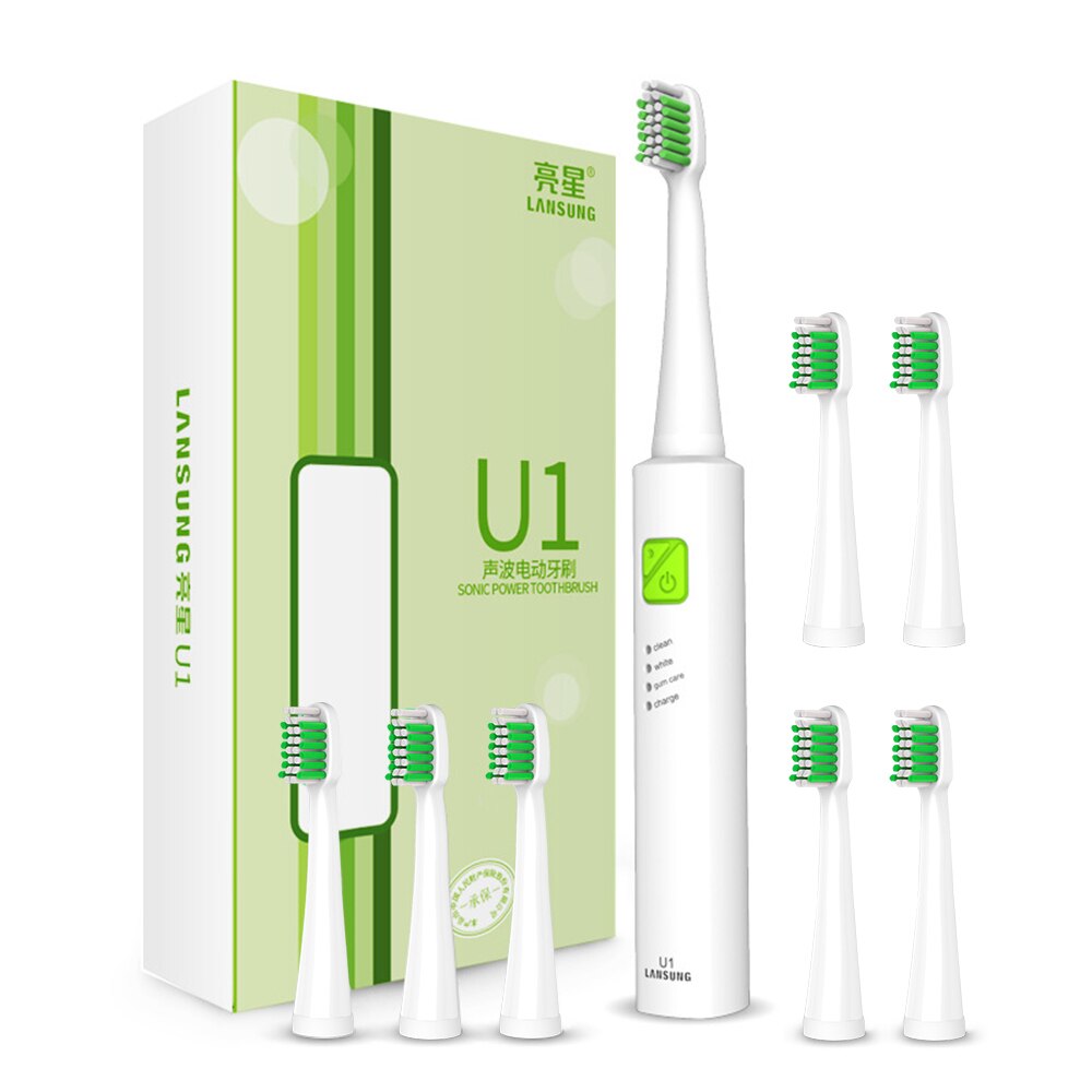 Lansung Schall- Elektrische Zahnbürste Ultra Schall- USB Aufladbare Erwachsene Zahnbürste Clever 4 Zahnbürste Köpfe Austauschbare Bleichen: U1 Weiß Grün 8Kopf