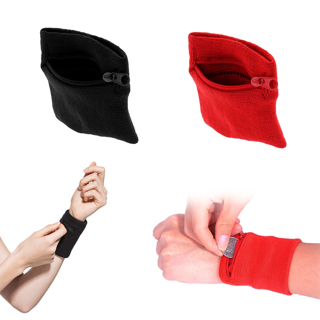 2 stykker / sæt (sort og rød) sports yoga gym basketball armbånd kører svedbånd håndled wrap tegnebog med lynlås lomme