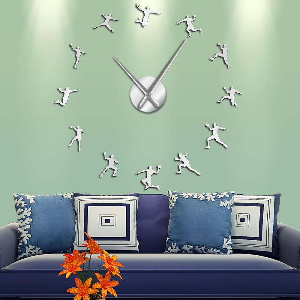 Reloj gigante de pared DIY, decoración deportiva para habitación de adolescentes, Bola de mano, pegatinas de espejo de silueta acrílica, Bola de mano