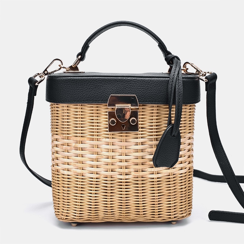 Rattan æske kvinder håndtasker flettet vævet dame skulder crossbody taske luksus sommer strand halm taske kvindelige rejsetasker