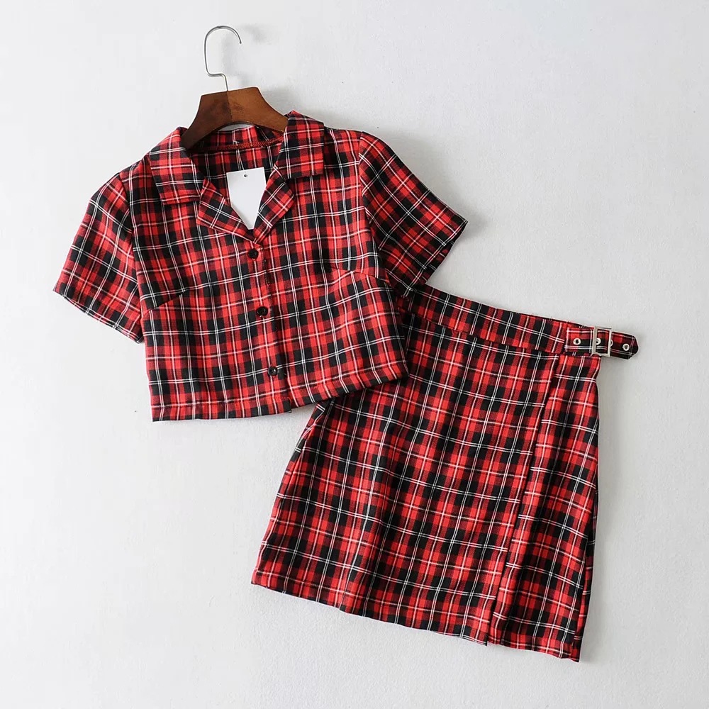Vintage Plaid Trainingsanzug Frauen 2 Zwei Stück Set Casual Kurze Top Shirts + Mini Rock Passenden Sets Outfits conjuntos mujer Neue