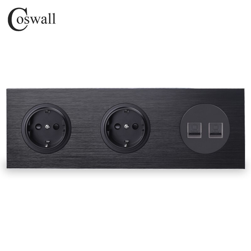 Coswall Black Aluminum Metal Panel 16A Double EU Standard Wall Socket +2 Gang CAT5E RJ45 Internet Data Computer Jack R12 Series: Default Title