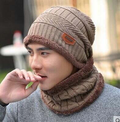 Casquette et écharpe de Ski en cuir | 2 pièces, chapeau et froid pour femmes et hommes, chapeau tricoté, Bonnet , Bonnet, bonnets: Scarf hat khaki