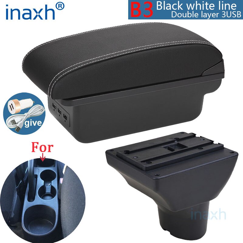 For Hyundai I20 Armrest Interior Parts special Retrofit parts Car Armrest Center Storage box with USB LED light: B3 Black white 3USB