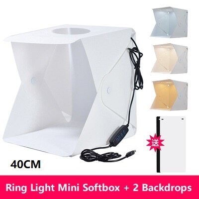 Boîte à lumière LED 40CM, Mini Studio de photographie Portable, Kit de fond et 6 arrière-plans de couleurs, boîte à lumière USB pour téléphone DSLR: 40CM Ring Light-2PCS