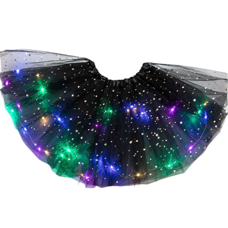 Falda con lentejuelas y estrellas brillantes para niñas, tutú de baile y Ballet con luces LED, Vestido corto de tul en capas de colores neón para escenario y: Black