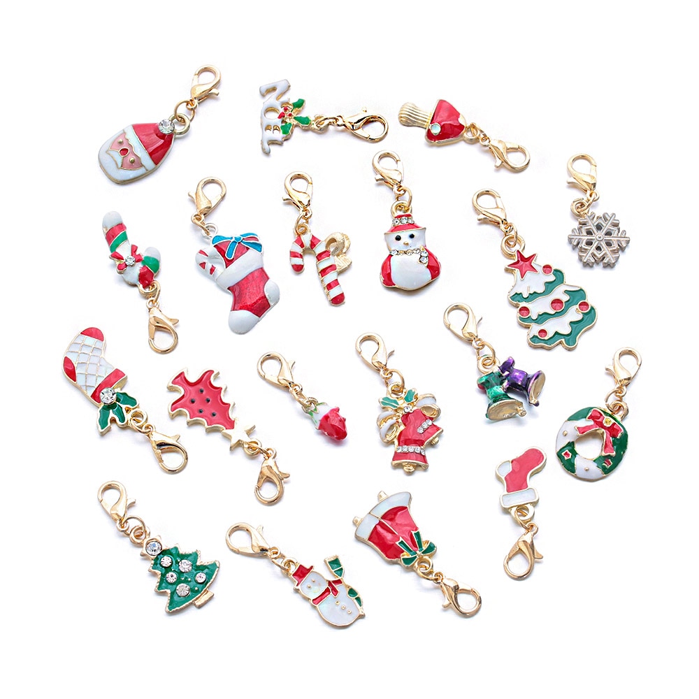 19 Stks/set Emaille Kerst Decoratie Sleutelhangers Boom Bel Sneeuwpop Legering Kreeft Gesp Sluiting Charms Sleutelhangers Sieraden