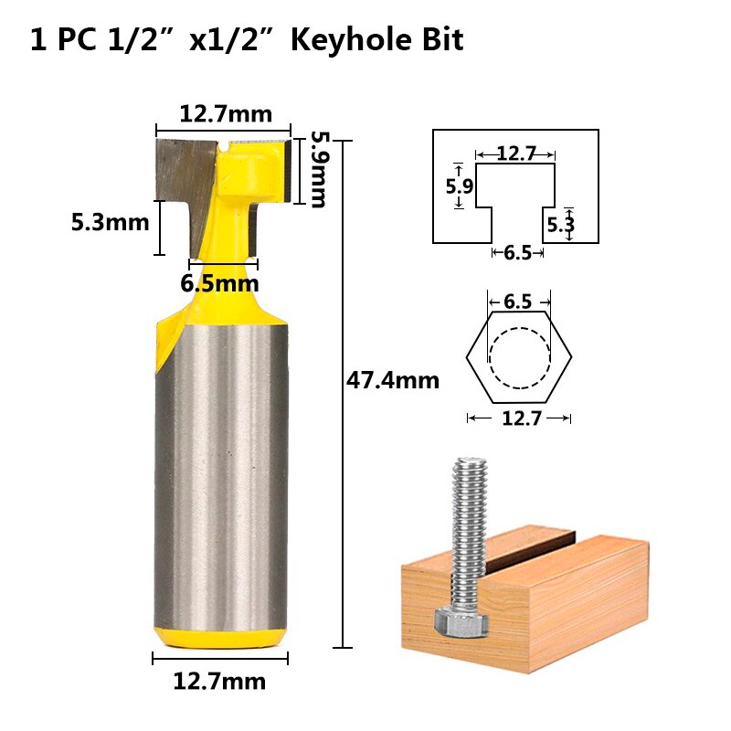 Fraise à trou de serrure à tige de 1/2 " 1/4 ", fraises à rainure en t, fraise à bois, fraise en carbure, fraise à trou de serrure: 1pc 12.7 x 12.7mm
