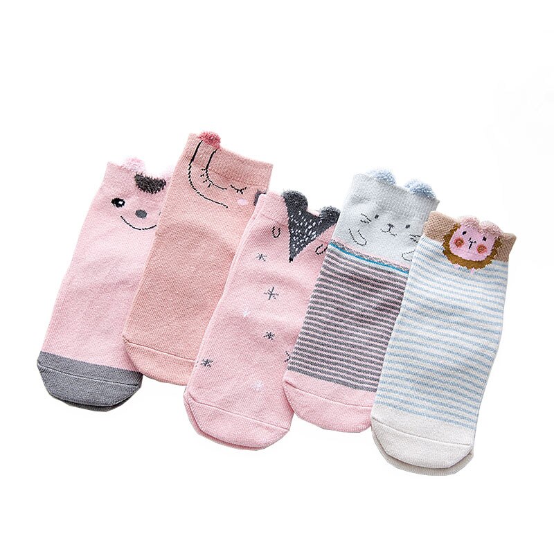 5 Pairs Schattige Kinderen Katoenen Sokken Peuter Baby Jongen Meisje Enkel Baby Casual Herfst Cartoon Dier Grappig Lot Pack crew Lente: Lion Elephant / L (6-8 Years)