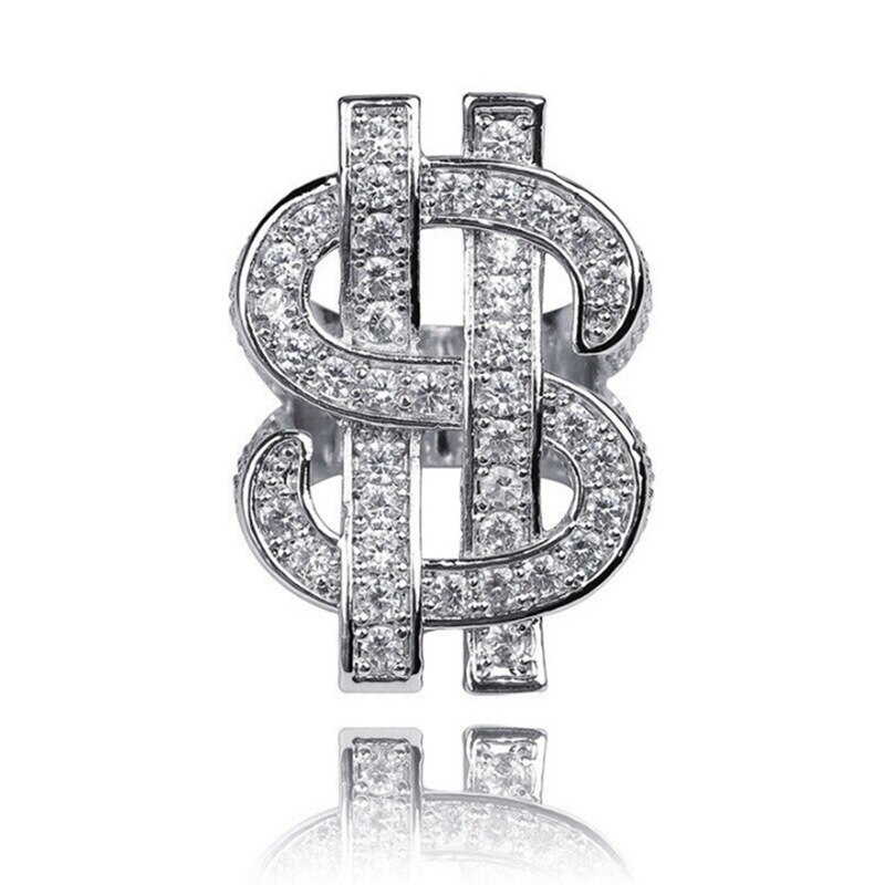 Classic Rock Iced Out Bling Goud Zilver Kleur Us Dollar Teken Ringen Aaa Kubieke Zirkoon Hip Hop Ring Voor Vrouwelijke/Mannen Sieraden