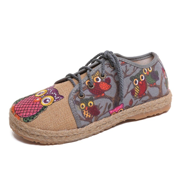 Cootelili oxford platta skor dam loafers lin slip on rund tå uggla tryck andas feminino röd grå blå stl 35-40: Grå / 8