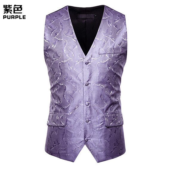 Boutique rood bloemen heren pak vest dubbele zakken v-hals heren glitter vesten bruiloft feest gala gilet chaleco hombre 2xl: Paars / S