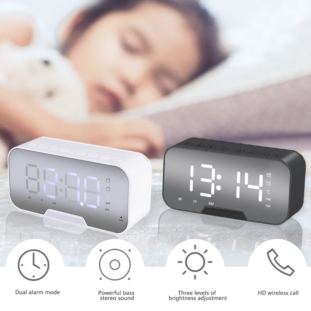LED Mirror Alarm Clock Sound-Activated Clock Multifunction Rechargeable Bedside Music Clock Dual Alarms with Snooze Function
