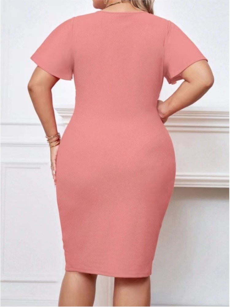 Plus Size Zomer Midi Jurk Vrouwen Roze Elegante Ruche Geplooide Korte Mouw Modis Dames Jurken Slanke Bodycon Vrouw V-hals Jurk