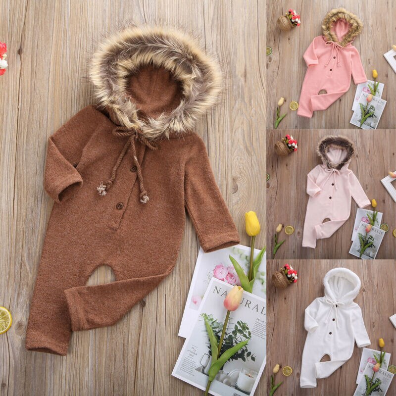 Brand Winter Newborn Baby Boy Girl Long Sleeve Fur Hooded Romper Jumpsuit Playsuit Outfits Warm Clothes 0-24M