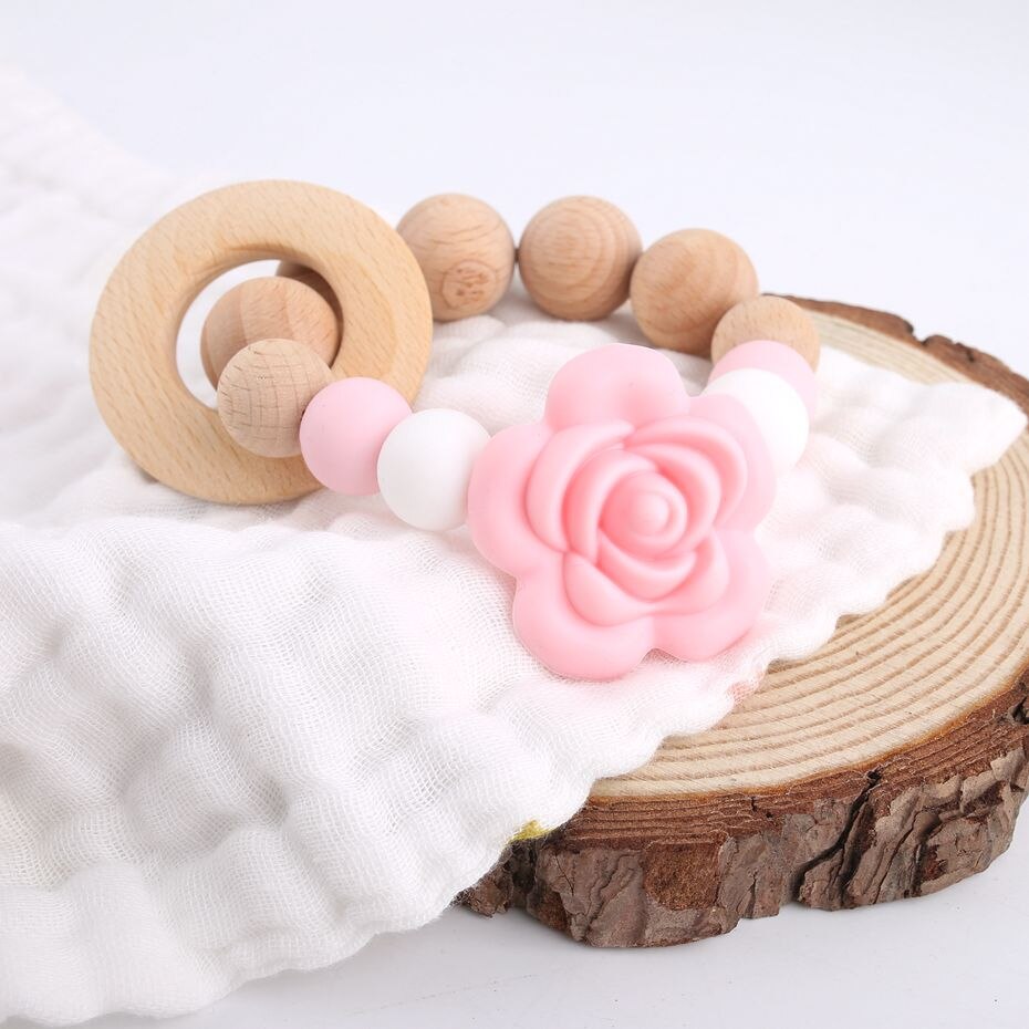 1 stück Candy Farbe Rose Baby Pflege Armband Baby Dusche BPA FREI Holz Beißring Klassische Sinnes Spielzeug kinder schmuck