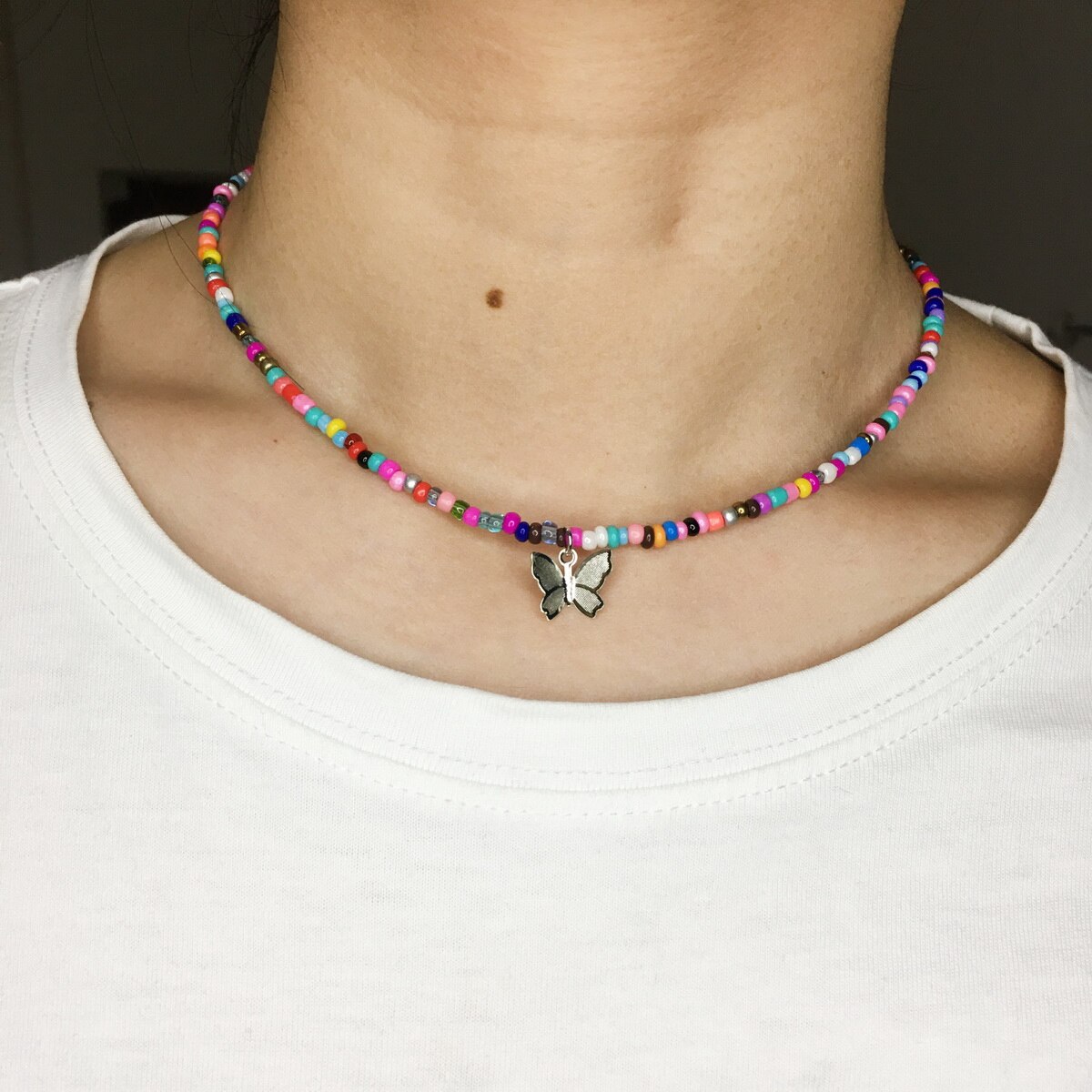 Simple Beads Butterfly Choker Necklace Colorful Seed Beads Collar Necklace For Women Girls Summer Beach Jewelry: Colorful